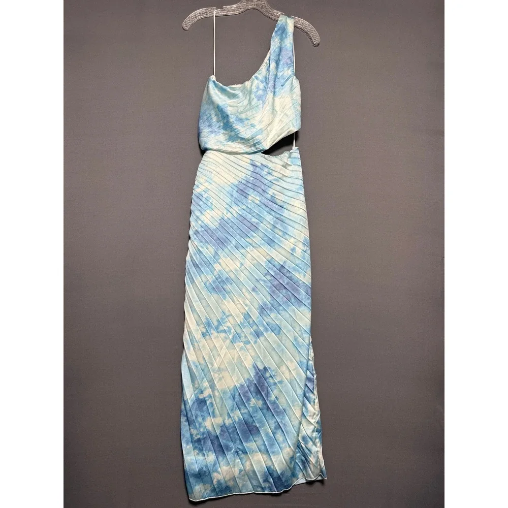 Abercrombie & Fitch Maxi Dress Women M Blue One Shoulder Pleated Cutout Formal